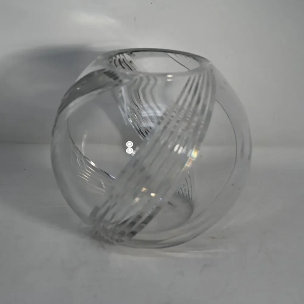 Vintage Cut Crystal Swirl Orb Vase Clear Heavy Art Glass Bowl